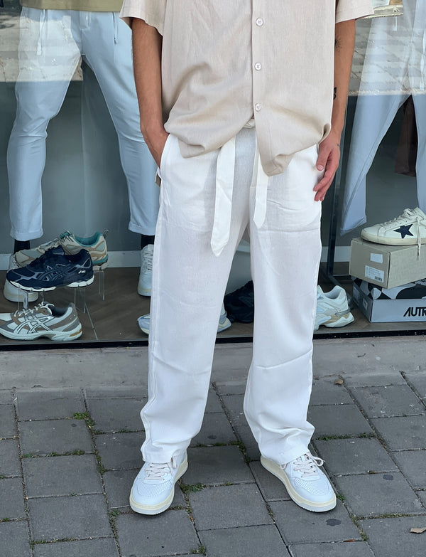 Nammos  מכנס פשתן אבור סייז עם חגורה| White