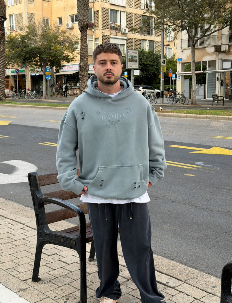 NAMMOS קפוצ'ון אובר סייז עם שילוב קרעים I Dark Grey